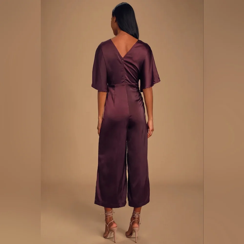 Lulus Kiss Me Now Plum Purple Satin Short Sleeve Wide-Leg Jumpsuit Small New - Picture 2 of 11